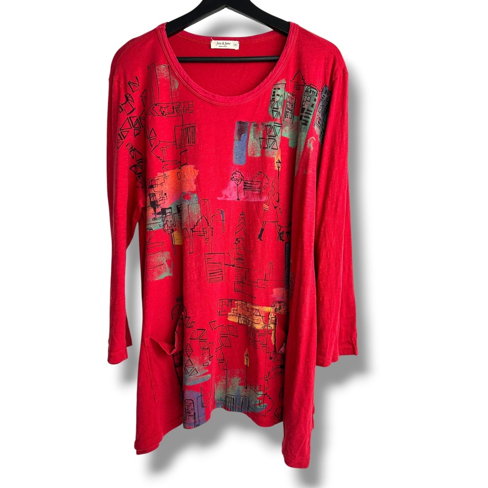 Jess & Jane Womens Red City Skyline Graphic Cotton Slub Tunic Top  1X